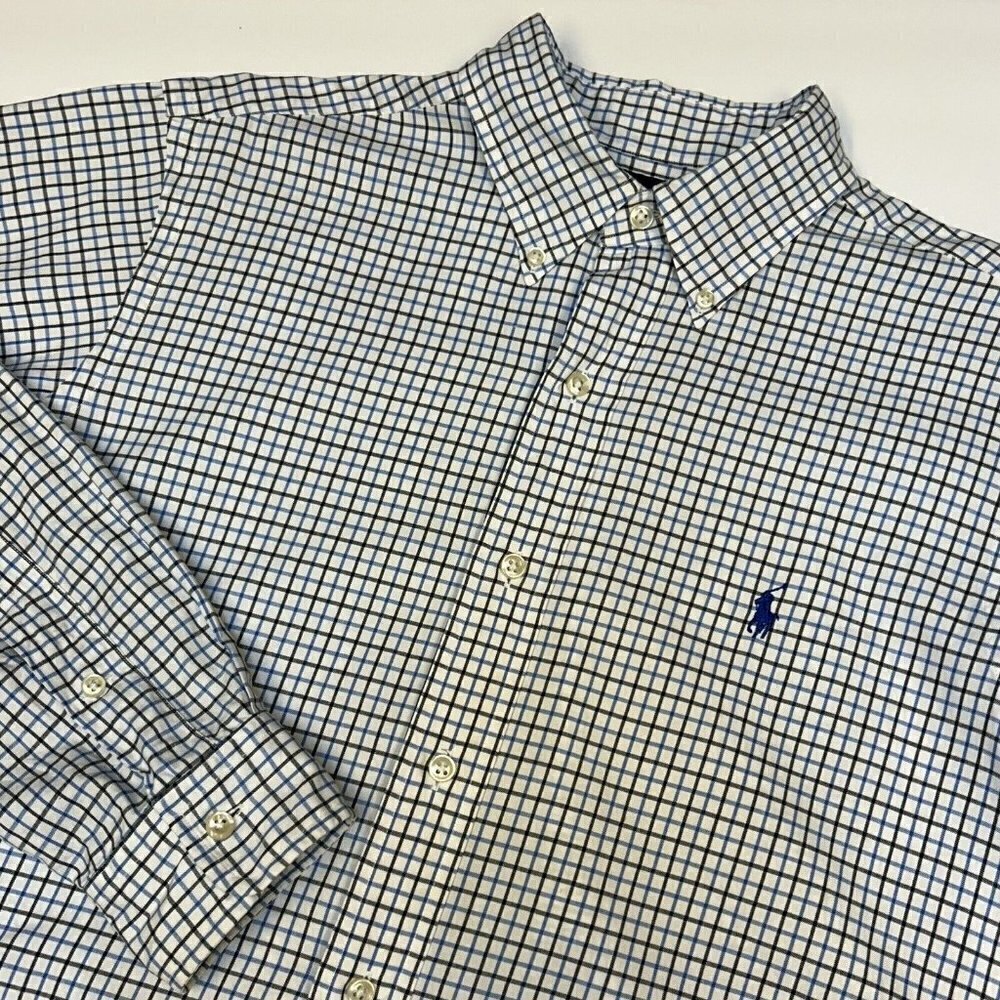 Ralph Lauren Mens M Classic Fit White Blue Plaid Long Sleeve Button Down Shirt